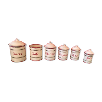 Série 6 pots a épices tôle émaillée vintage