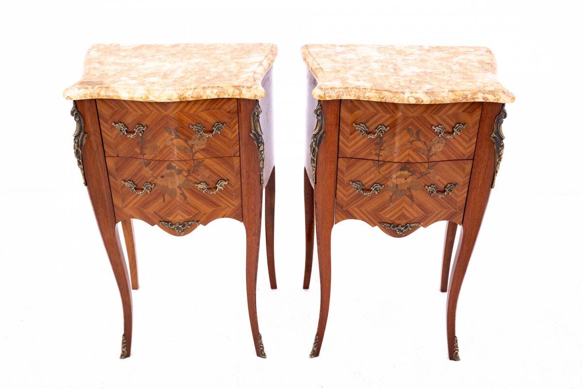 Antique bedside tables with stone top, France, circa 1910.