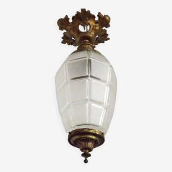 French Antique Art nouveau Brass & Frosted Glass Suspension Ceiling Light 4212