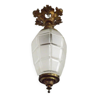 French Antique Art nouveau Brass & Frosted Glass Suspension Ceiling Light 4212