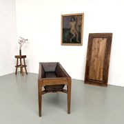 Farm table, old solid oak dough trough, France, around 1920.