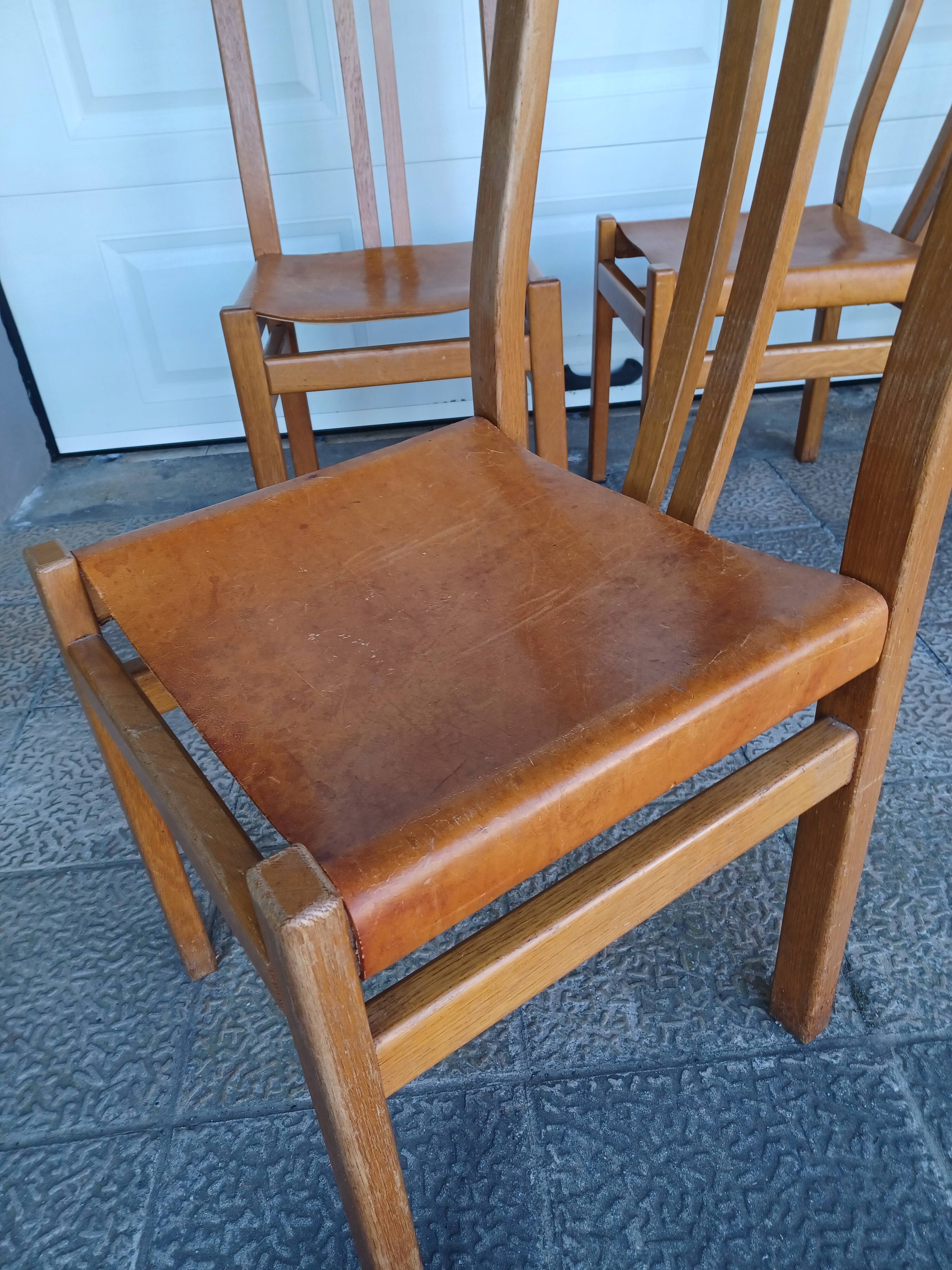 Set of 6 chairs, oak and leather