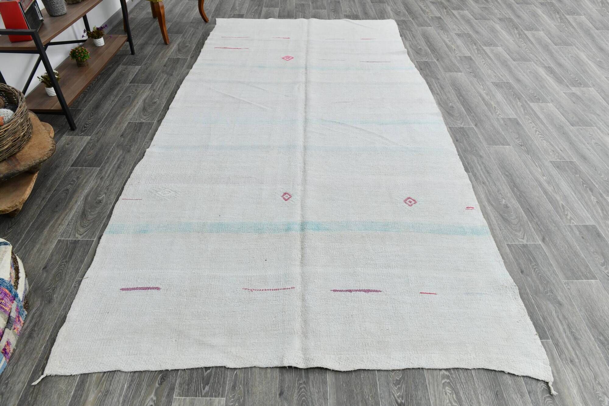 6x12 Off-White Long Wide Hand Woven Turkish Minimal Vintage Rug, 176x358 Cm