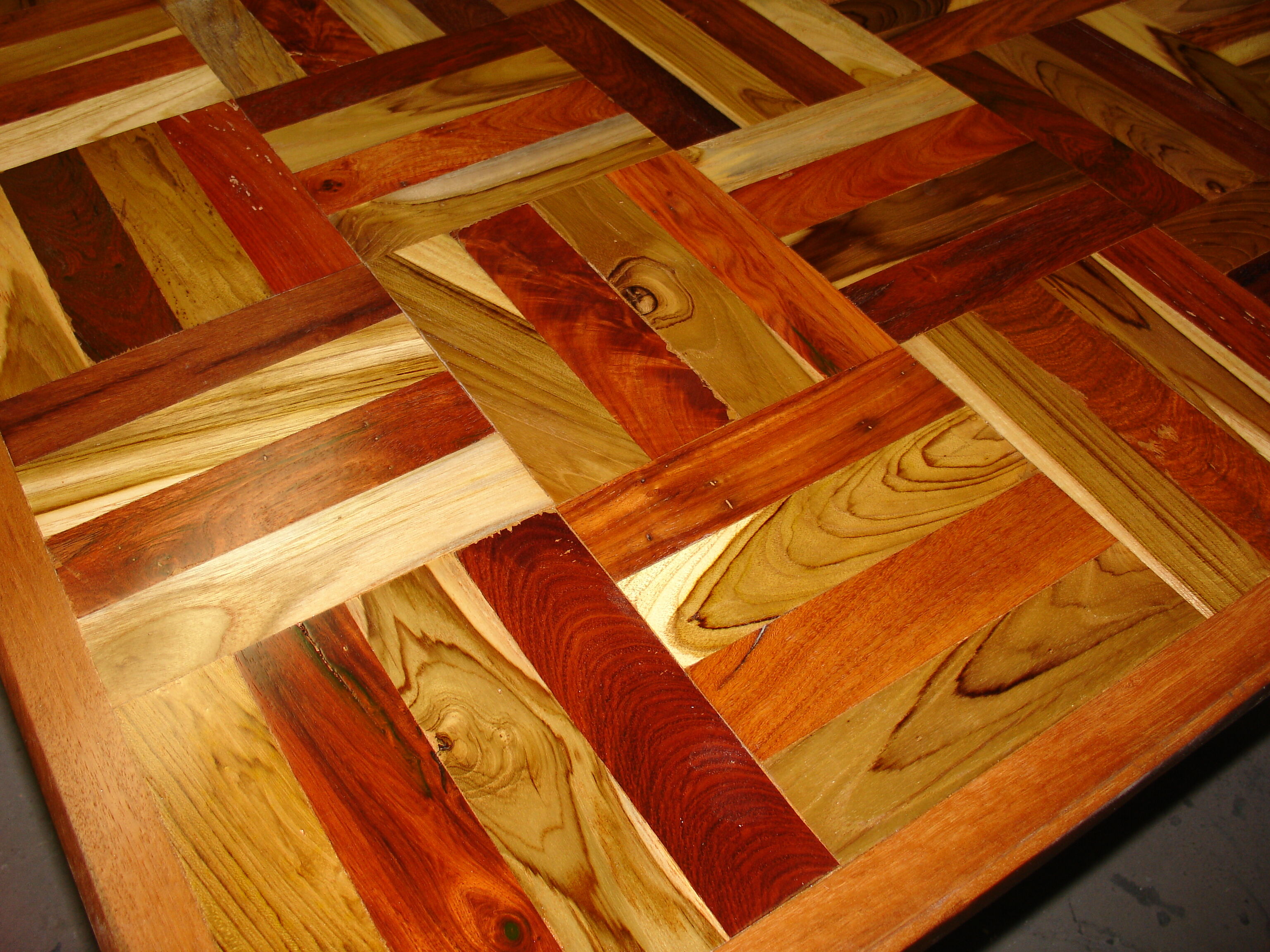 Square table in solid wood mosaic with chrome base, circa 1970