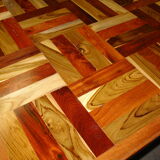 Square table in solid wood mosaic and foot chrome around 1970