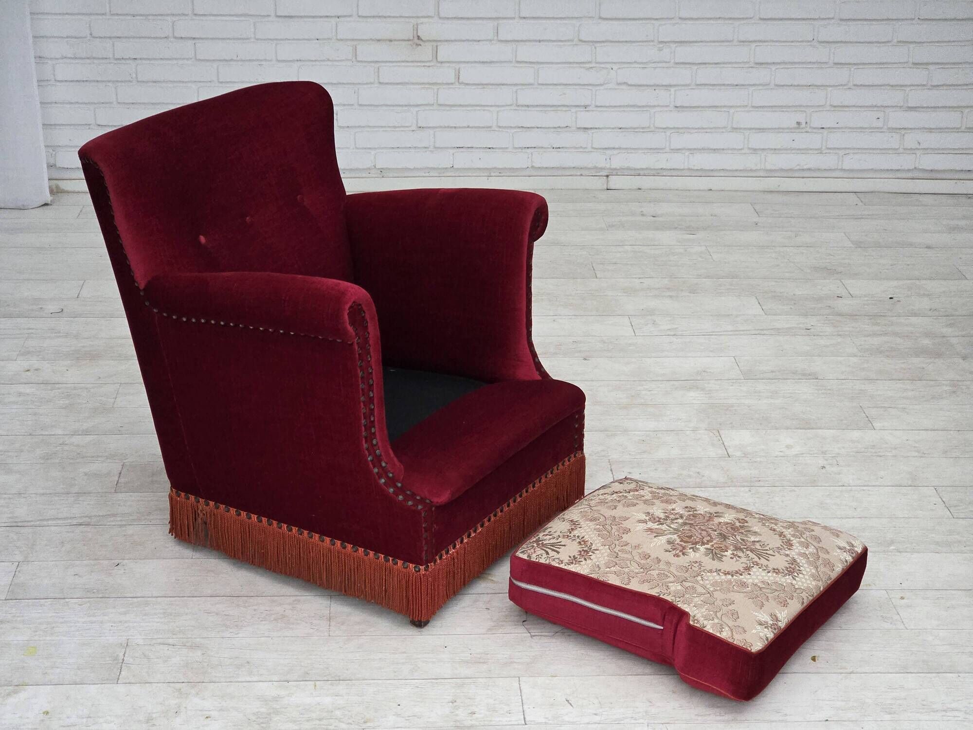 1970s, Danish armchair, furniture velour, ash wood legs.
