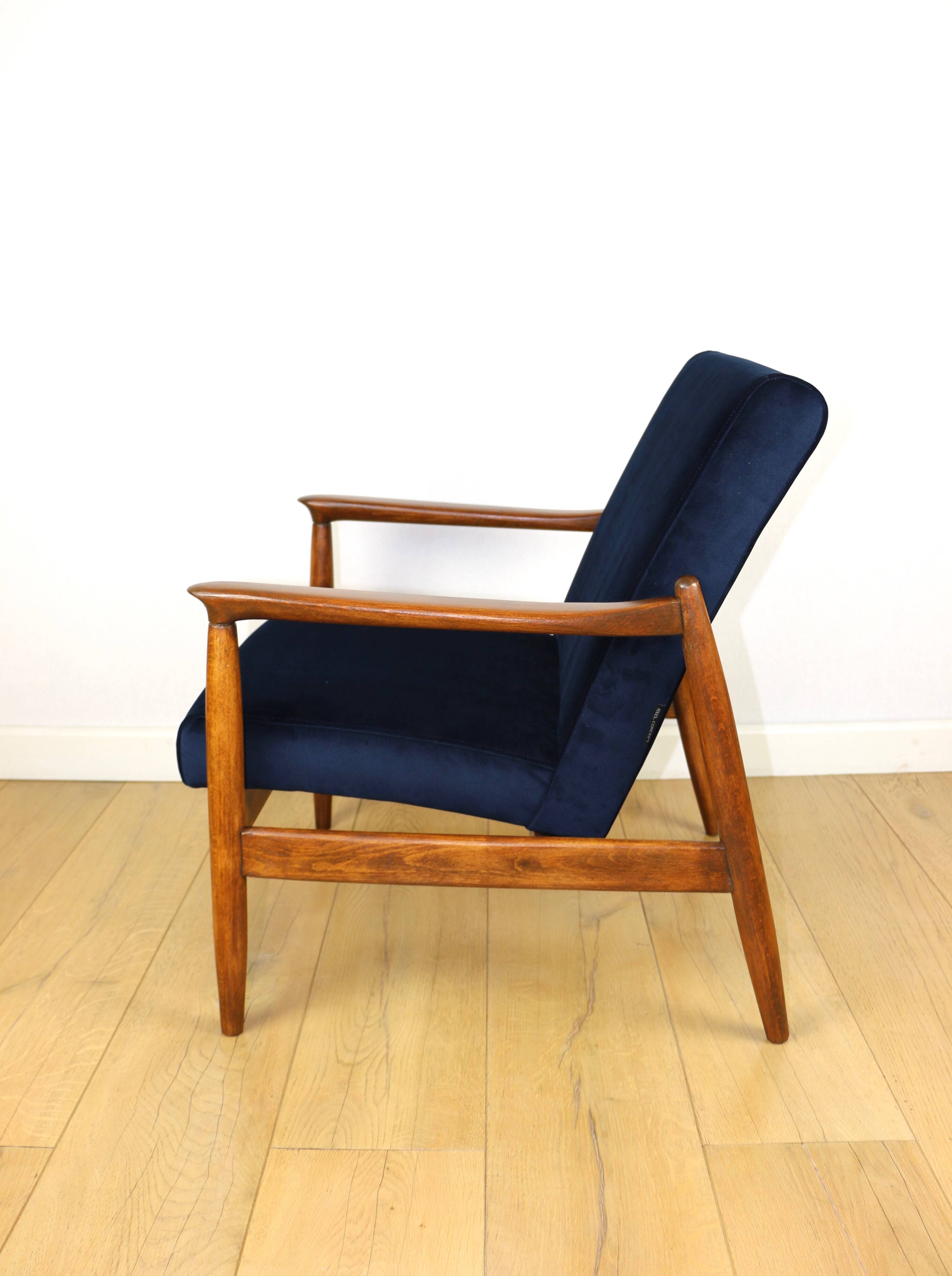 GFM-64 armchair, design by Edmund Homa from the 70s, navy blue - dark wood