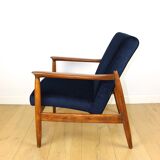 GFM-64 armchair, design by Edmund Homa from the 70s, navy blue - dark wood
