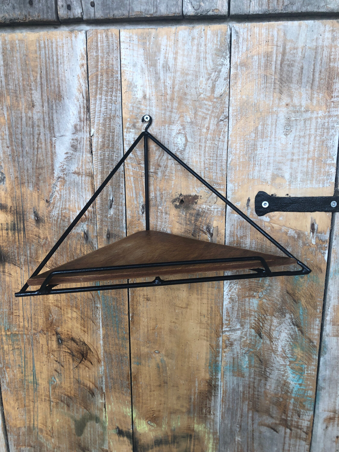 Black wrought iron corner shelf + vintage wooden top