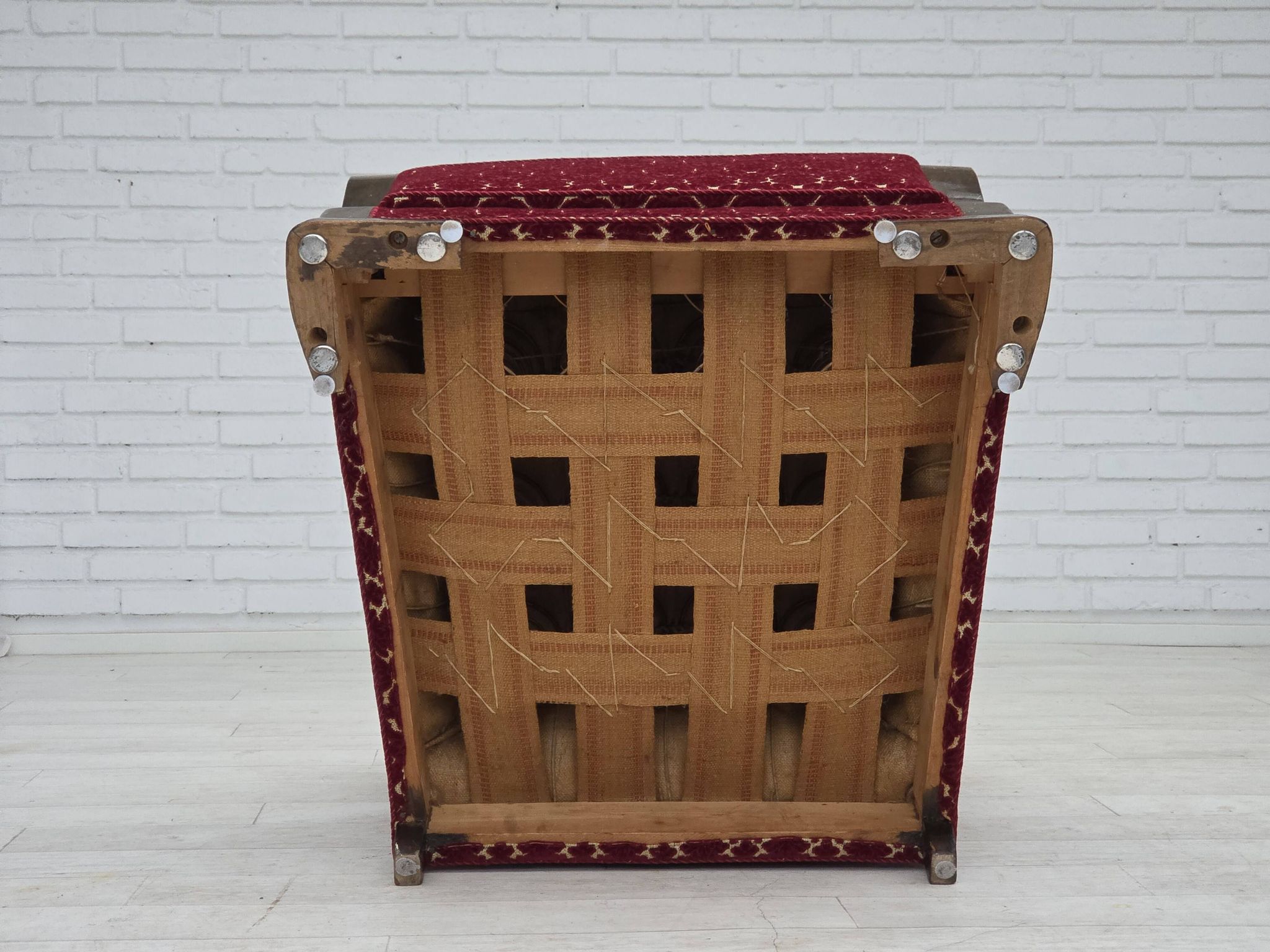1960s, Danish armchair, cherry-red furniture velour, oak wood.