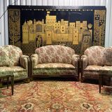 Art Deco period living room sofa and pair of armchairs
