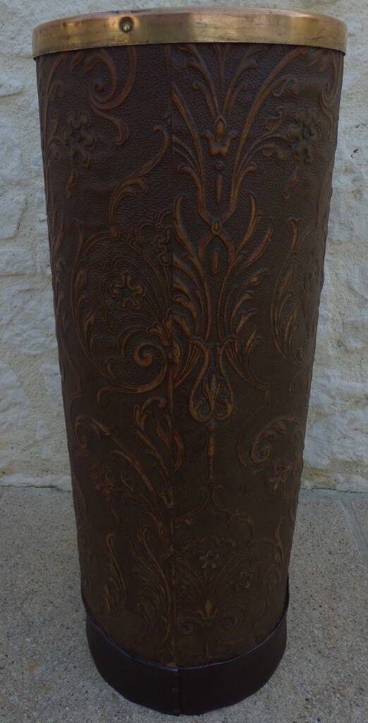 Art deco umbrella stand in boiled cardboard with copper and imitation leather strapping