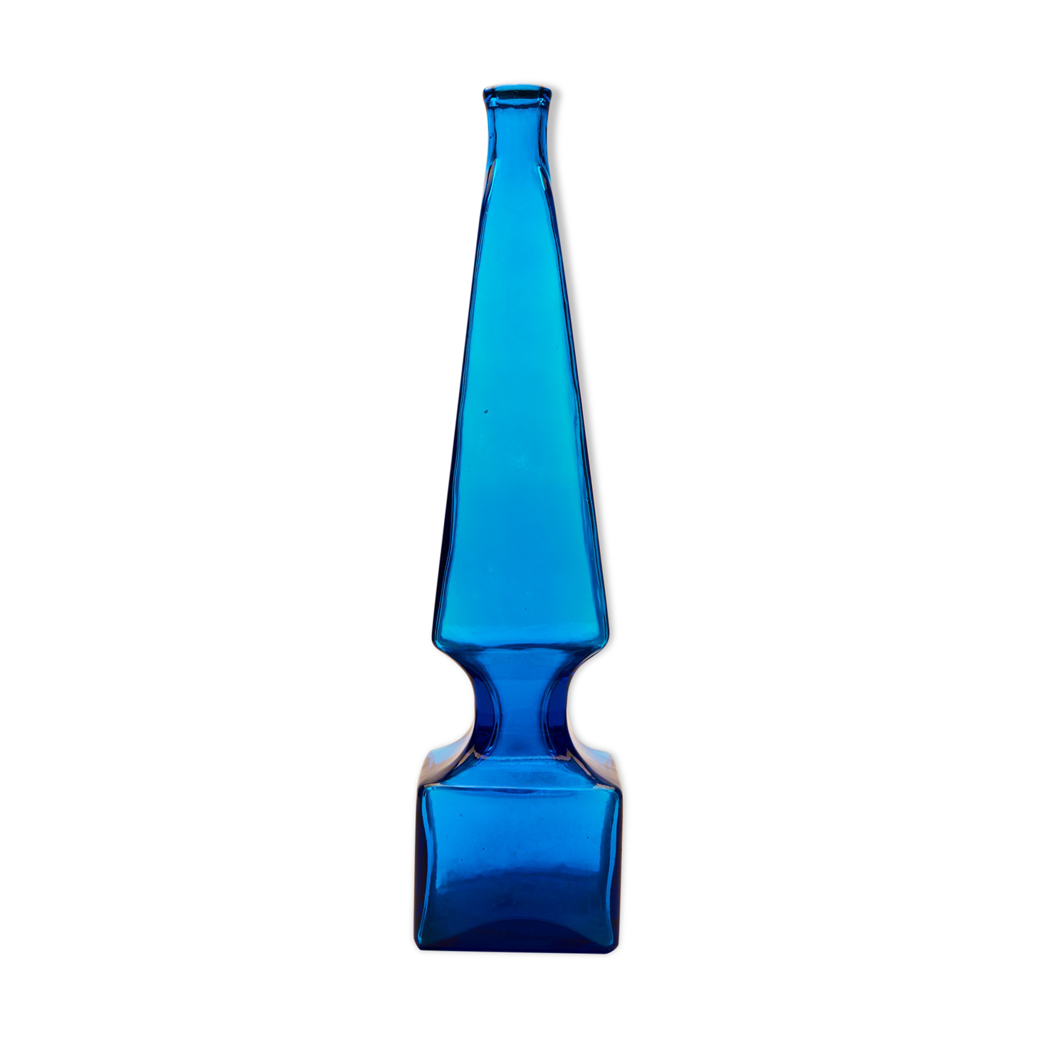 large blue glass obelisk-shaped bottle or vase