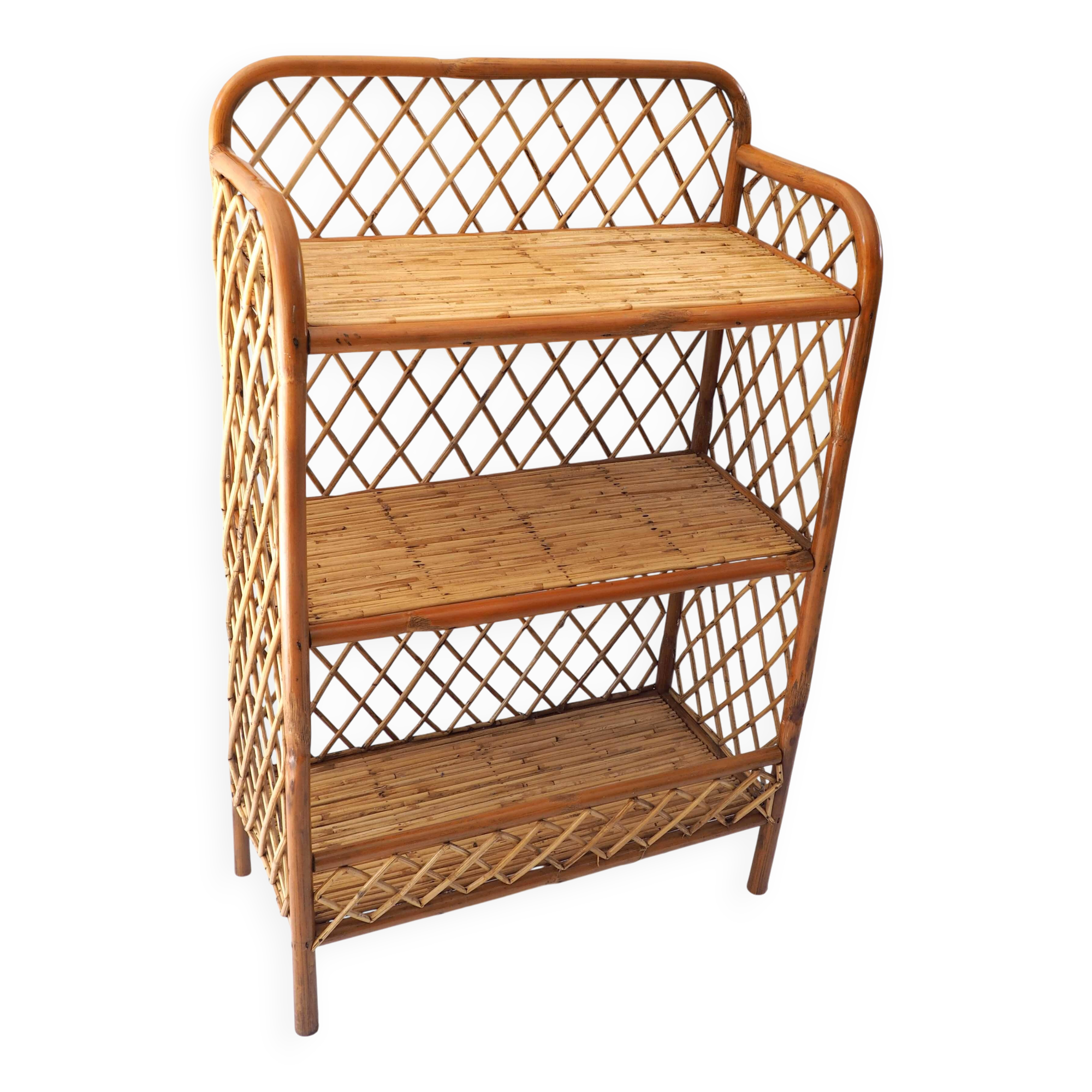 Rattan cross-braced bookcase shelf
