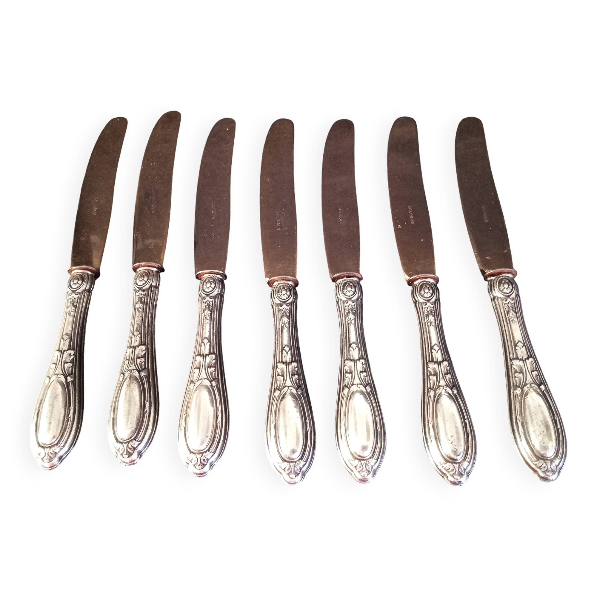 Set of 7 old cheese knives, Solingen brand, in VM800 silver and vermeil