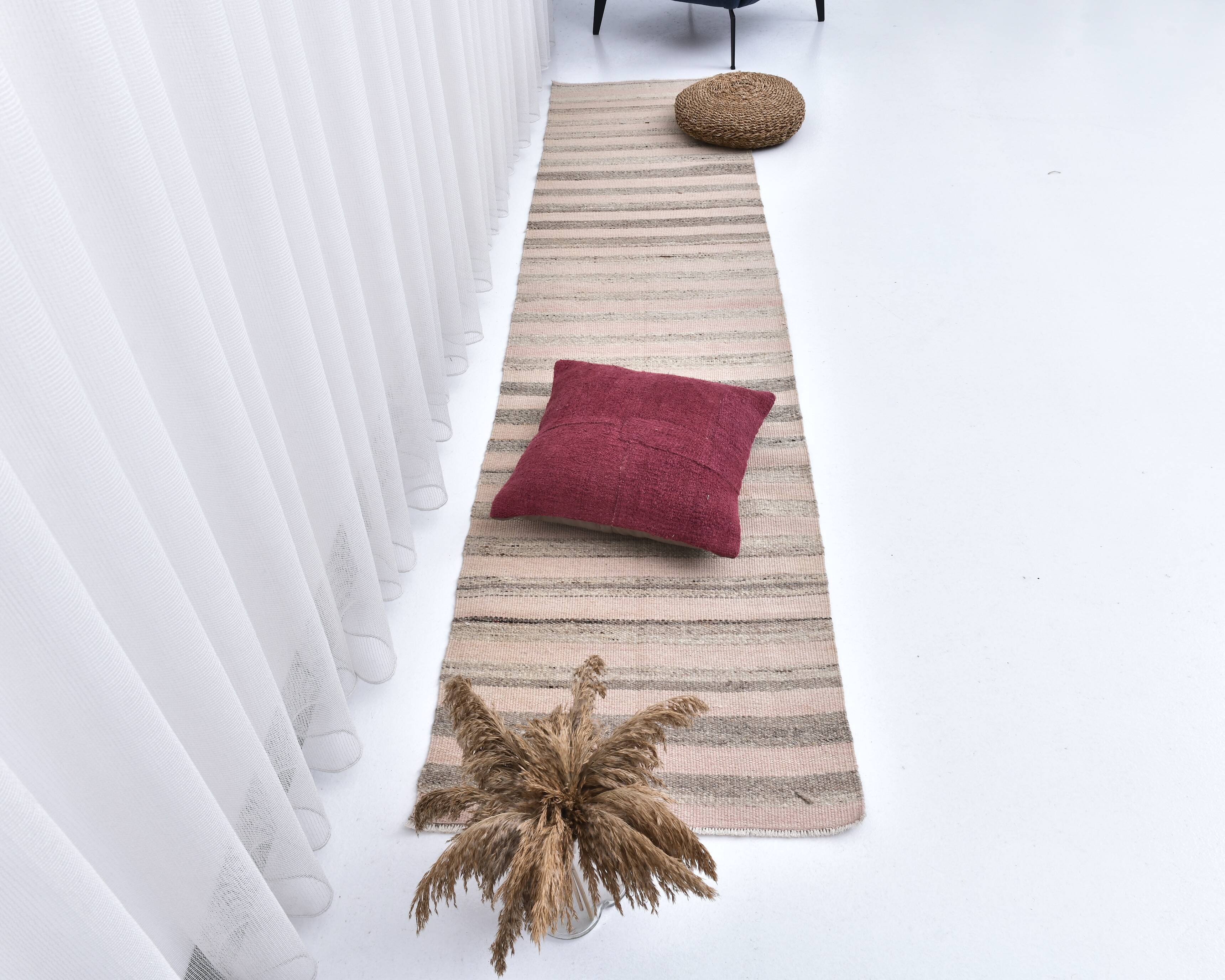 pink brown wool runner rug, Turkish vintage runner kilim  67x293 cm