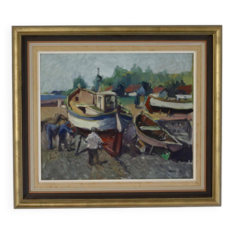 Huile sur panneau originale suédoise du milieu du siècle « abbekås » par axel hamborn - vintage et encadrée