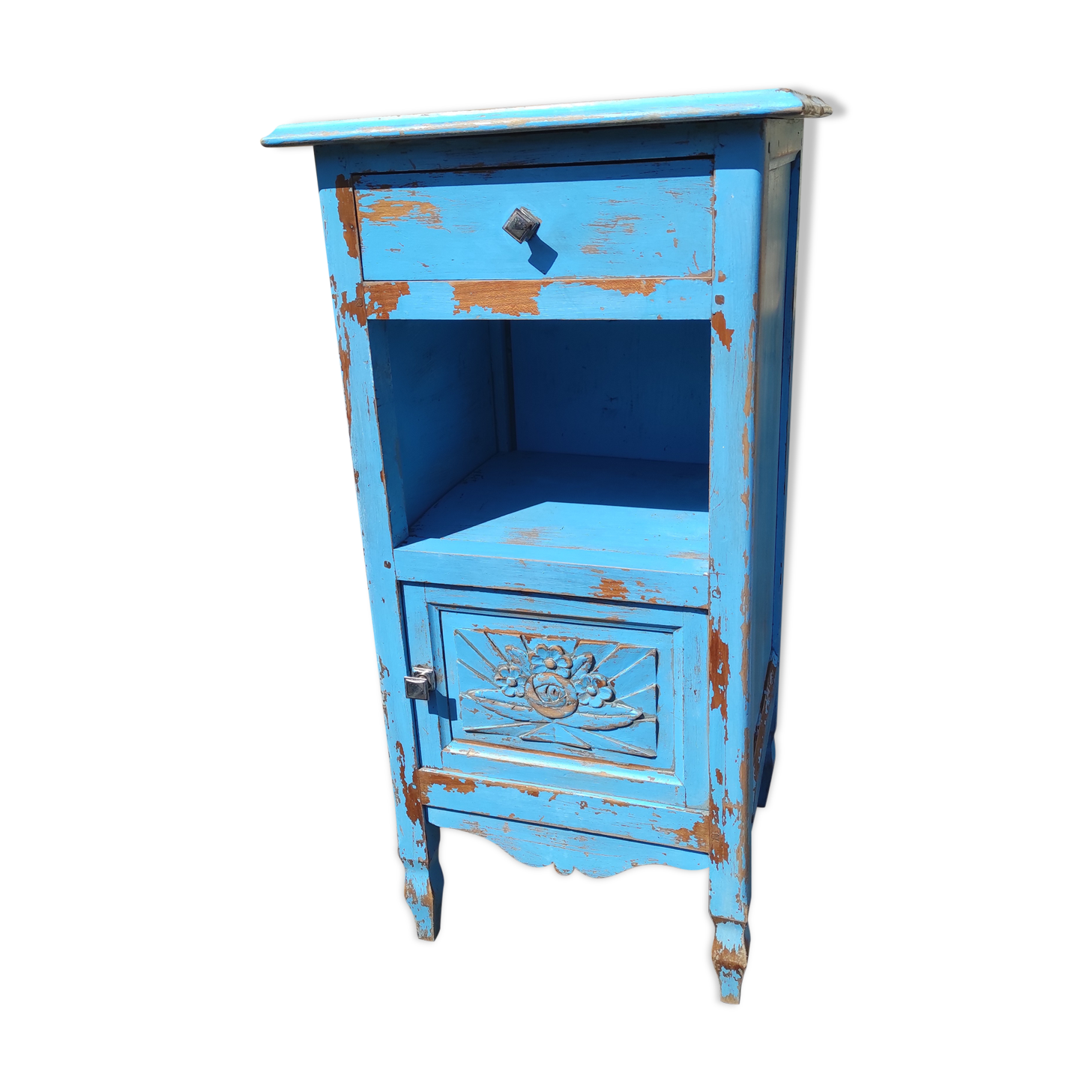 Table de chevet ancienne avec 1 tiroir et 1 porte peinte en bleu lavande