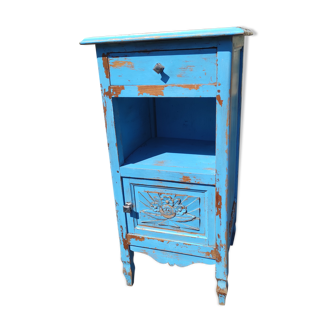 Table de chevet ancienne avec 1 tiroir et 1 porte peinte en bleu lavande