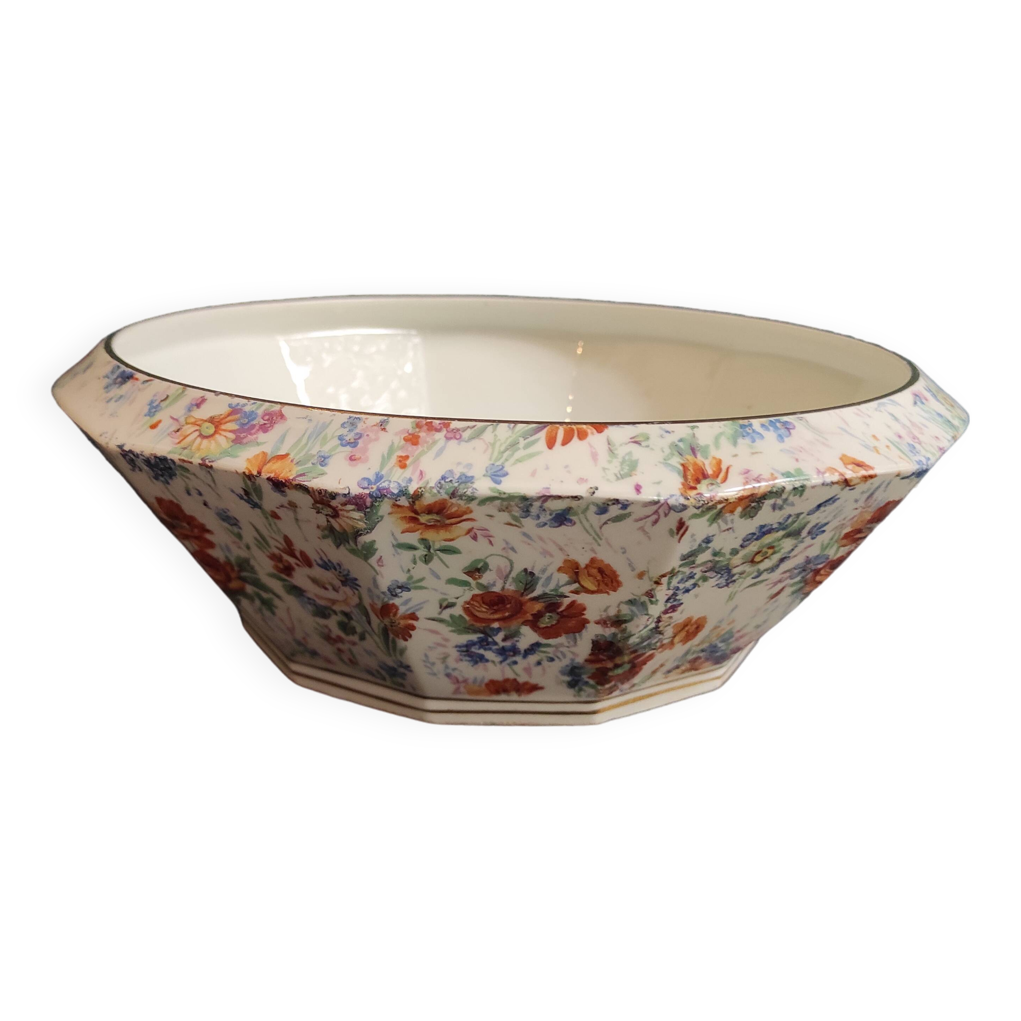 Vintage French large serving bowl from Le Tallec, Limoges, with colourful floral decoration