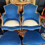 Pair of Louis XV style blue velvet bergère armchairs