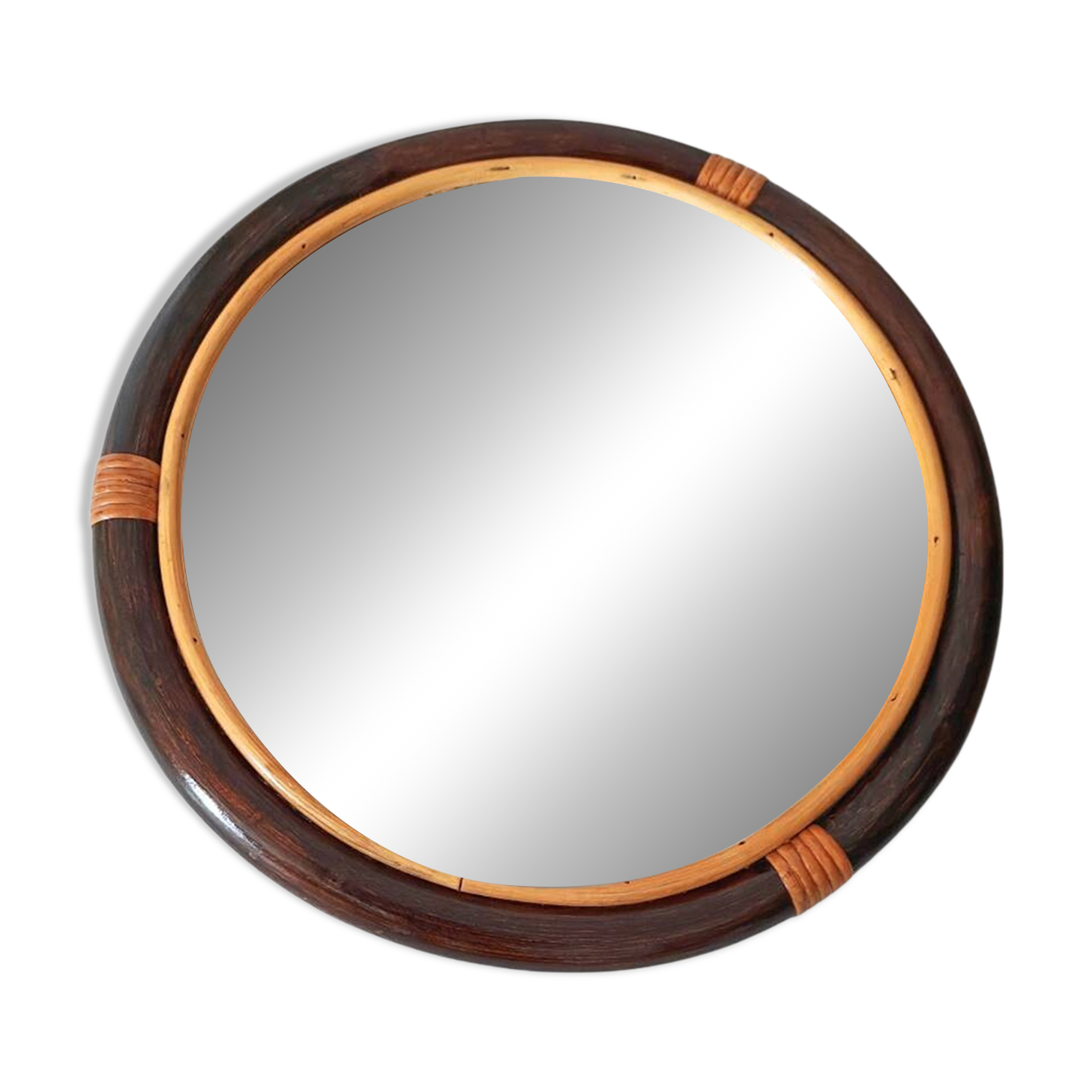 Miroir rond en bambou des années 1970