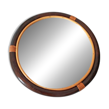 Miroir rond en bambou des années 1970