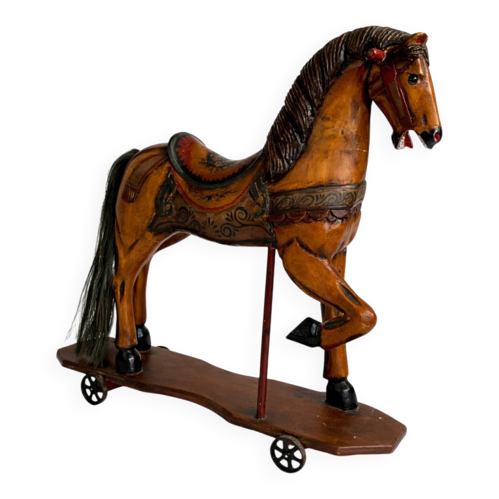 Antique painted wooden rocking horse – Large decorative model on wheels
