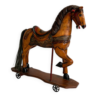 Antique painted wooden rocking horse – Large decorative model on wheels