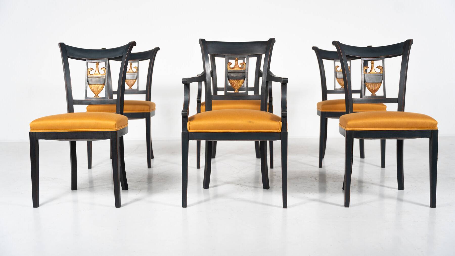 Set of 2 Black and Gold Armchairs and 4 Chairs, Empire style