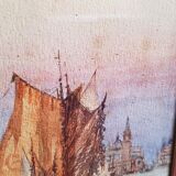 Watercolor painting "Gondola in Venice" by Alfred Justin Blondeau (XIXth).