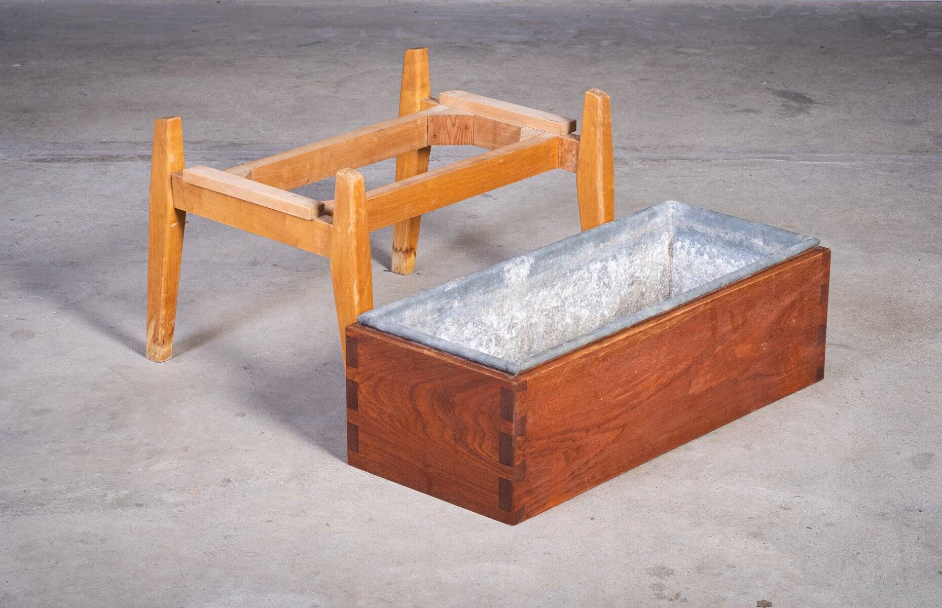 Teak and Beech Planter with Zinc Coating, Denmark, 1950s