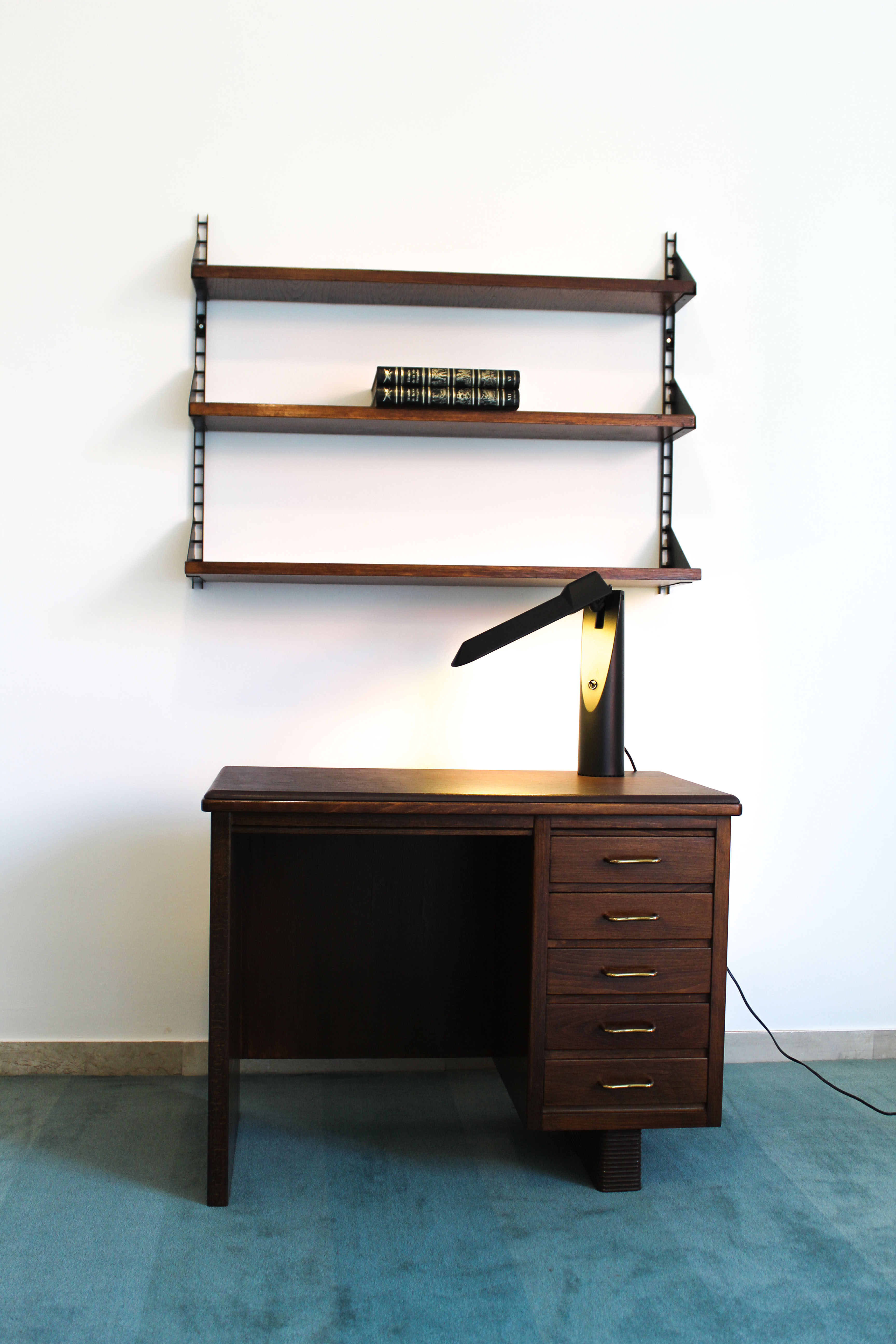 Shelves in rosewood and black lacquered metal from the 50s