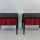 Italian Art Deco Cherry Red Parchment and Black Nightstands, 1950s