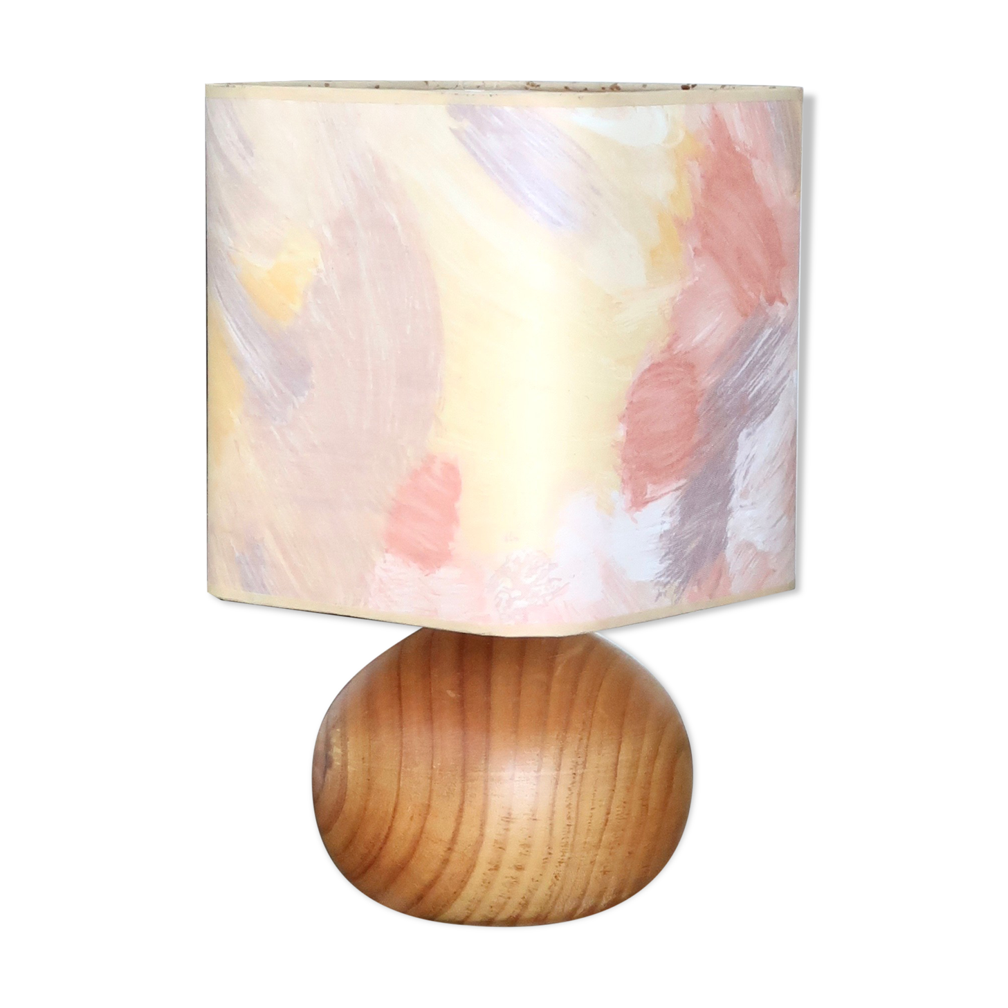 Lampe en bois blond, abat jour pastel, années 80