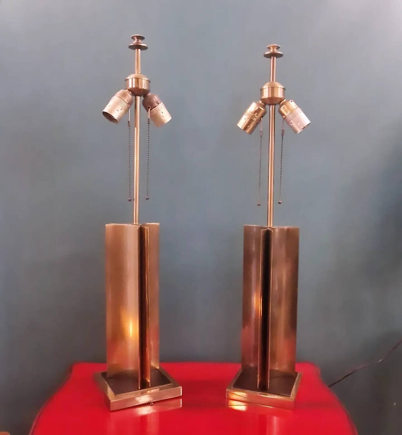 Large pair of 70s gold metal table lamps