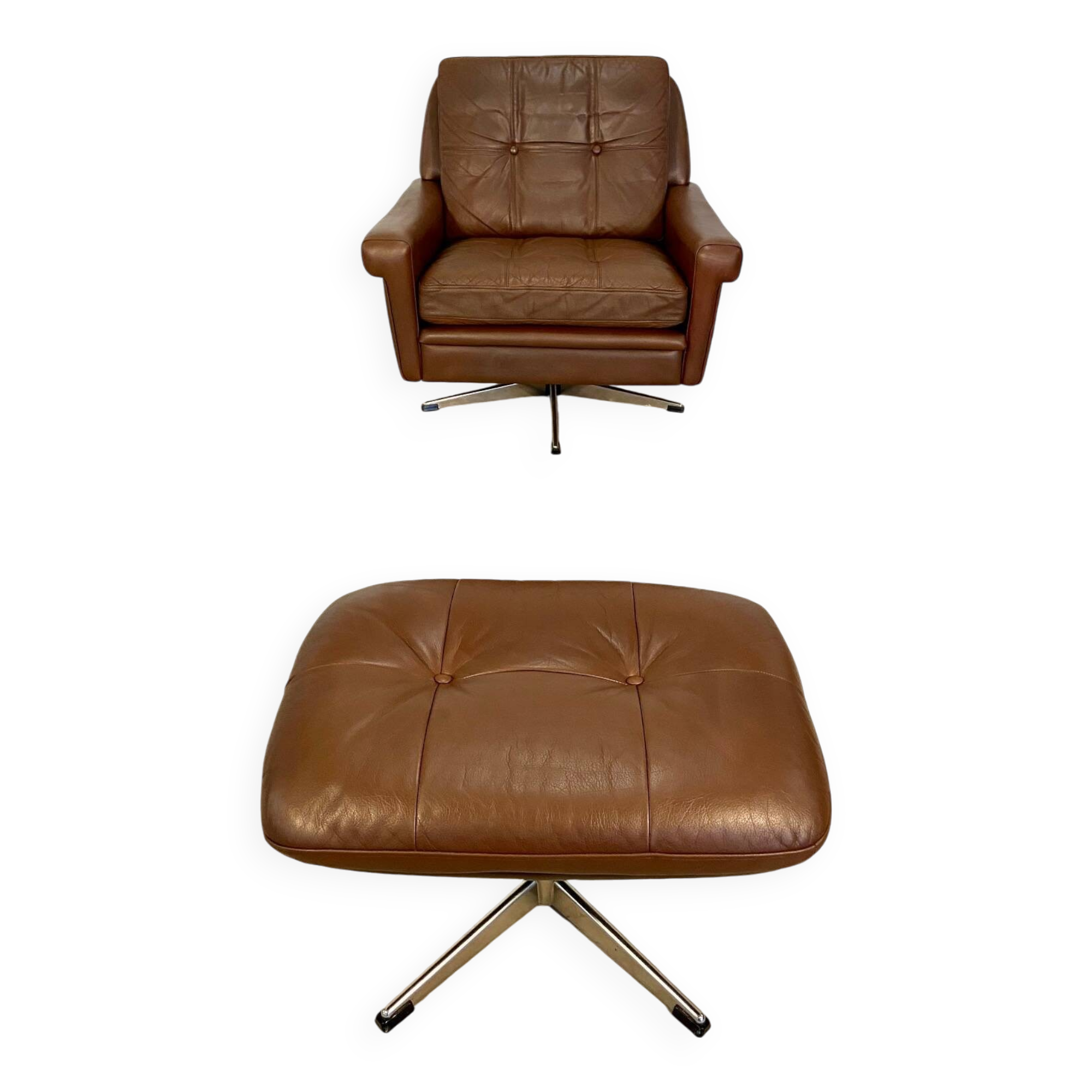Vintage danish retro mid-century svend skipper brown leather chair & stool 60s