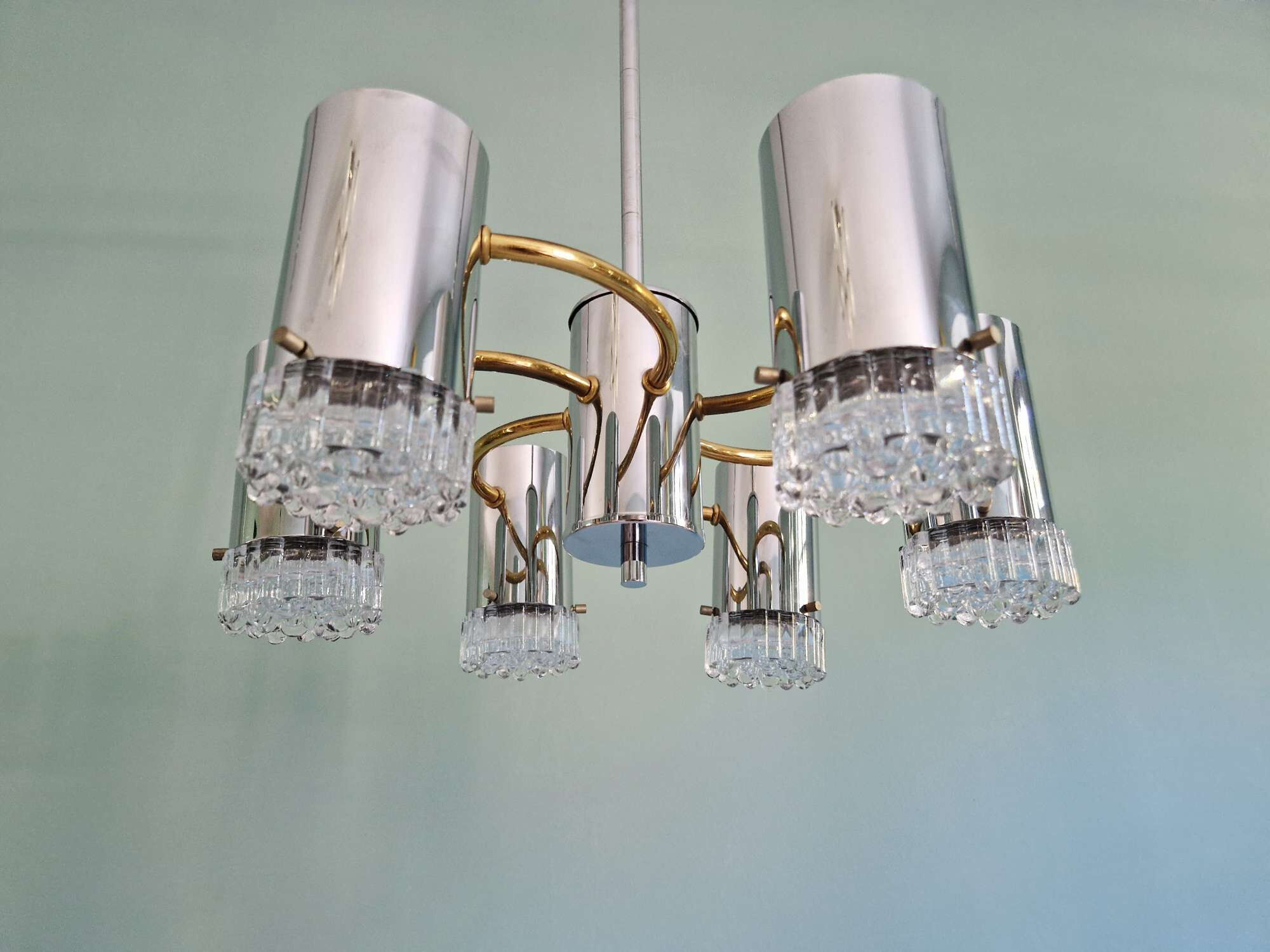Space Age chandelier in chrome metal and brass, 1970s
