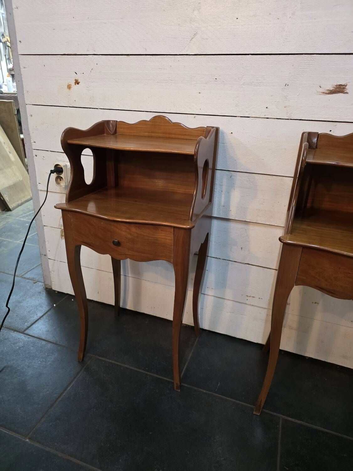 Pair of Louis XV style curved bedside tables in cherry wood