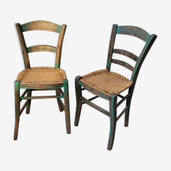 PAIR OF CHAIRS BISTRO PATINATED green seated braided