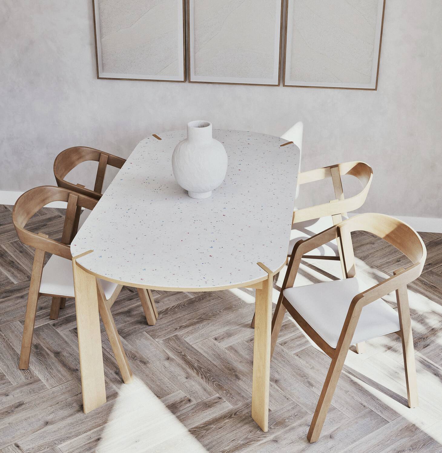 Professional chairs in beech and coated white textile