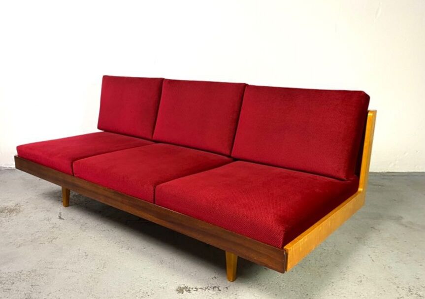 Daybed in beech and red fabric by jitona, vintage czech 1970s