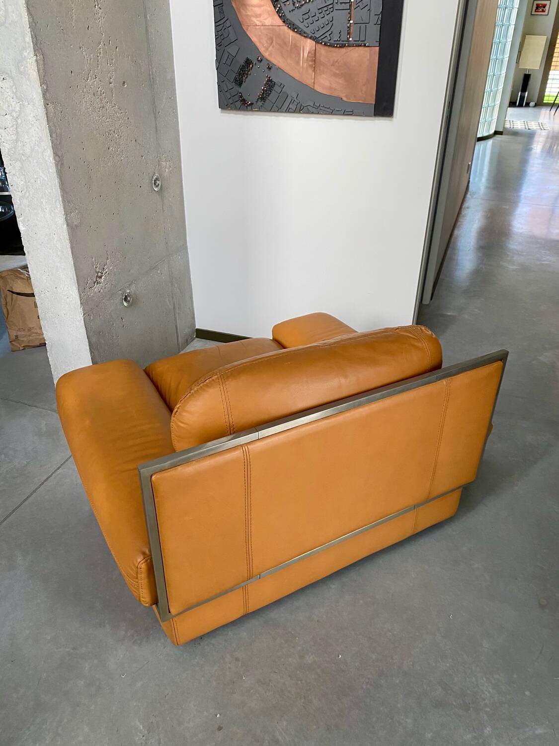 Fauteuil vintage Steiner en cuir havane