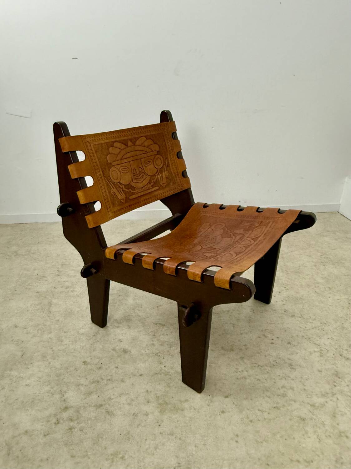 Vintage teak and leather armchair design Angel Pazmino brand Ecuador vintage 1960