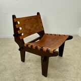Vintage teak and leather armchair design Angel Pazmino brand Ecuador vintage 1960