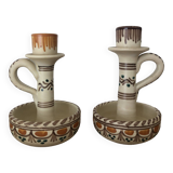 Set of two candlesticks/candle holders in orange and brown tones