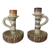 Set of two candlesticks/candle holders in orange and brown tones