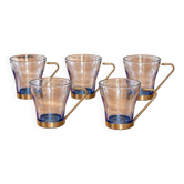 5 tasses vintage en verre bleuté avec supports métalliques