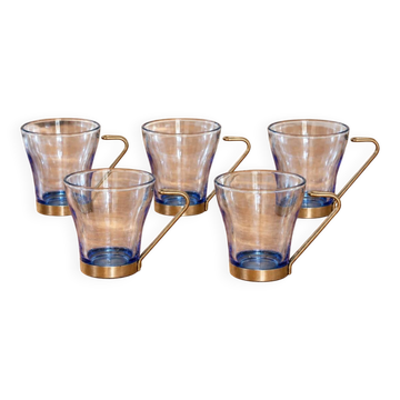 Set of 5 vintage blue-tinted glass cups with metal holders.