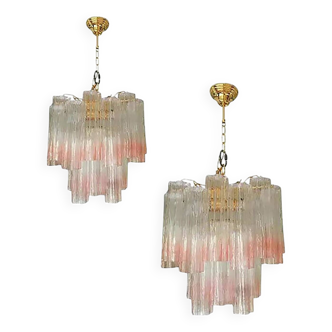 Pair of Murano Style Glass Vanished Pink Tronchi Venini Style Chandeliers